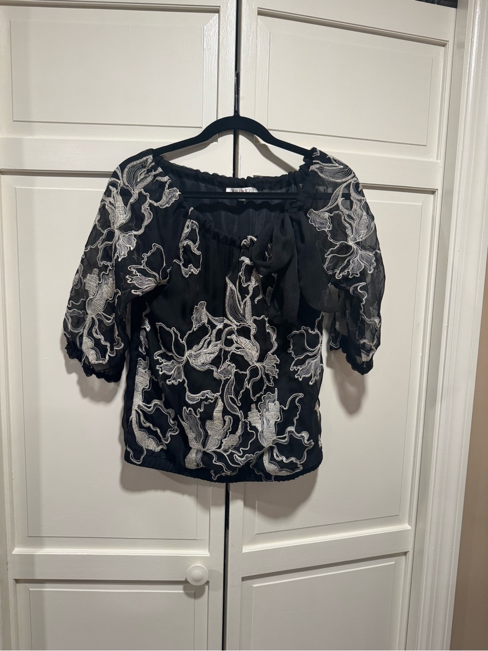 Joy Joy Black Blouse with Cream Floral Embroidery and Tie Detail